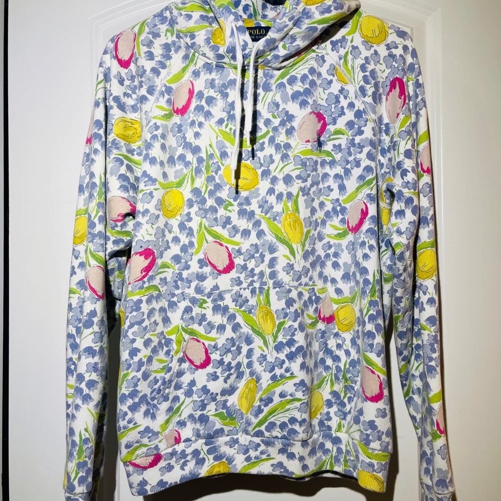 Ralph Lauren Floral Tulip Print Hooded Sweatshirt in White, Pink, Yellow, Blue